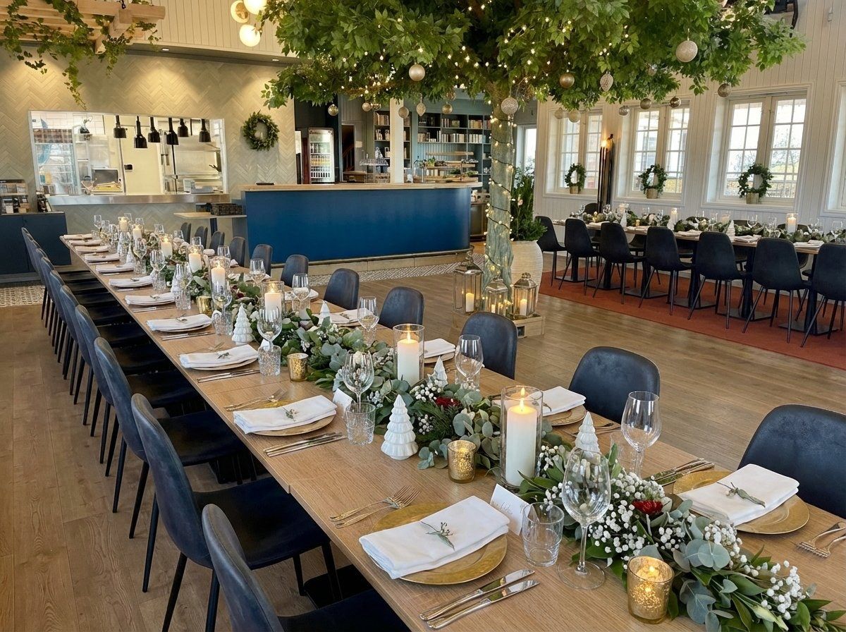 Julebord på Evje Golfkro, pent dekket bord med levende lys og julepynt